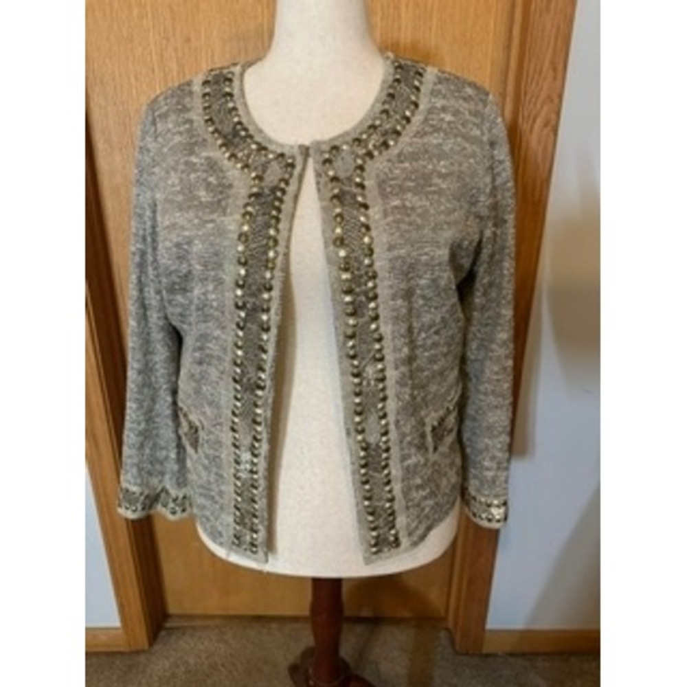 St. John Couture Grey Metallic Knit Embellished Studded Jacket Size 12